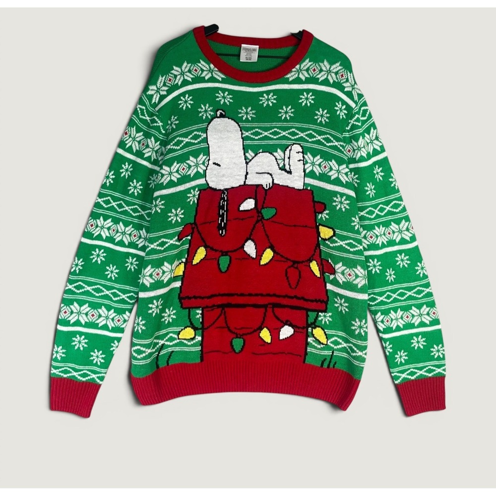 Peanuts Snoopy Christmas Sweater Adult 2XL Green Doghouse Fair Isle Holiday Knit